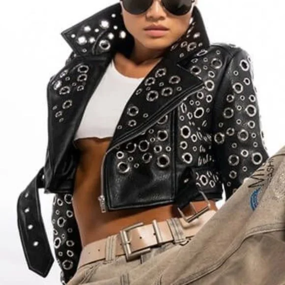 Miz 360: Circle of Life Cropped Grommet Vegan Leather Moto Jacket Large - Picture 2 of 13